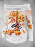 Women's Raccoon Maple Leaf Fall Art Print Off Shoulder Foldover Cinched Top