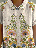 Tropical Floral Symmetrical Pattern Printed Women’s Casual Cotton And Linen Shirt