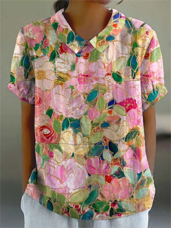 Women’s Flower Print Casual Cotton And Linen Shirt Multicolor / S