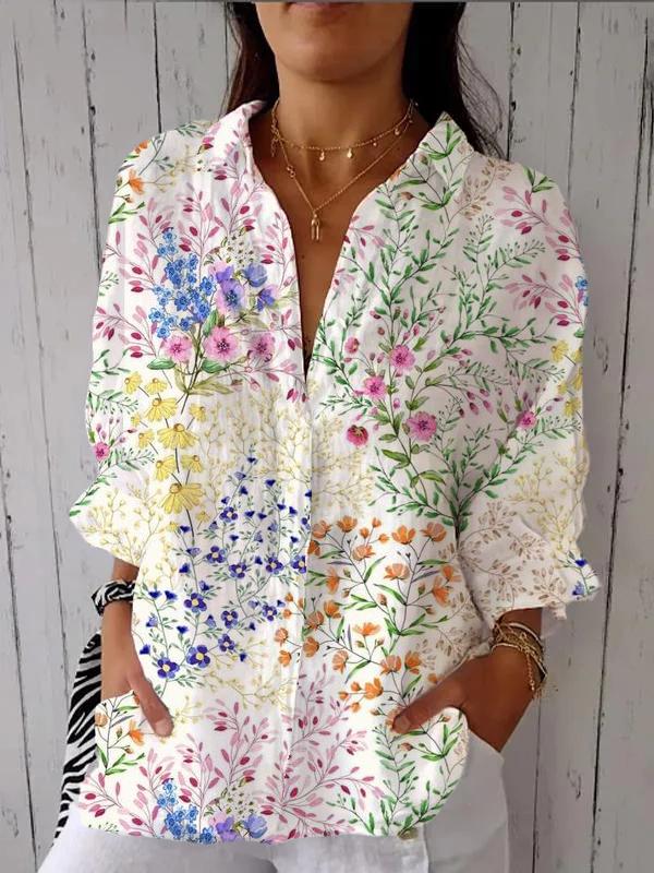 Women's Colorful Floral Print Casual Linen V-neck Shirt