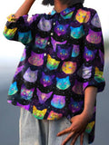 Galaxy And Cats Pattern Printed Women’s Casual Cotton Linen Shirt