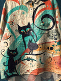 Vintage Funny Cats Art Print Casual Cotton And Linen Shirt