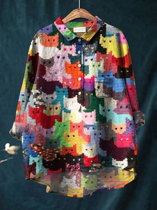 Cat Art Print Casual Cotton And Linen Shirt Multicolor / S