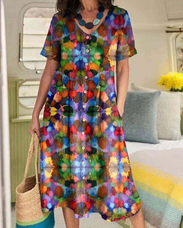 Women’s Colorful Tie-Dye Print Linen Pocket Tunic Dress Multicolor / S