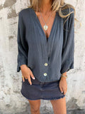 Women’s Spring And Summer Cotton And Linen V-Neck Casual Shirt Darkgrey / S