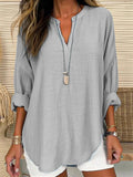 Quality Commuter Solid Color V-Neck Cotton Linen Pure Shirt Grey / S