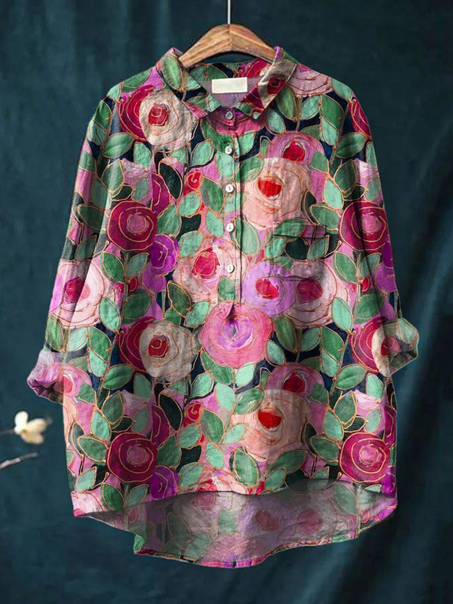 Women’s Colorful Flower Print Casual Cotton And Linen Shirt Multicolor / S