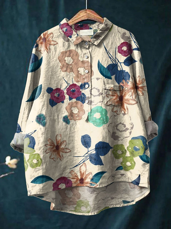 Women’s Flower Print Casual Cotton And Linen Shirt Multicolor / S