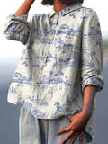 Women’s Blue Simple Drawing Landscape Print Casual Cotton And Linen Shirt