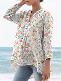 Sweet Watercolor Floral Repeat Pattern Printed Women’s Casual Linen V-Neck Shirt Multicolor / S