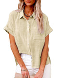 Women’s Solid Color Button Down Short Sleeve Shirt Almond / S