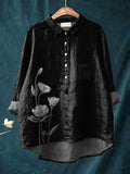 Ink And Wash Style Floral Printed Women’s Casual Cotton Linen Shirt Black / S