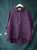 Women’s Lapel Neck Casual Solid Colour Cotton And Linen Long Sleeve Shirt Purple / M