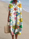 Lovely Cartoon Fish And Sea Star Pattern Printed Women’s Flowy Dress Multicolor / S