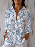 Women’s Blue Flower And Bird Floral Print Casual Linen V-Neck Shirt Multicolor / S