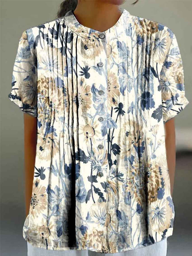 Women’s Yellow And Blue Floral Print Casual Cotton And Linen Shirt Multicolor / S