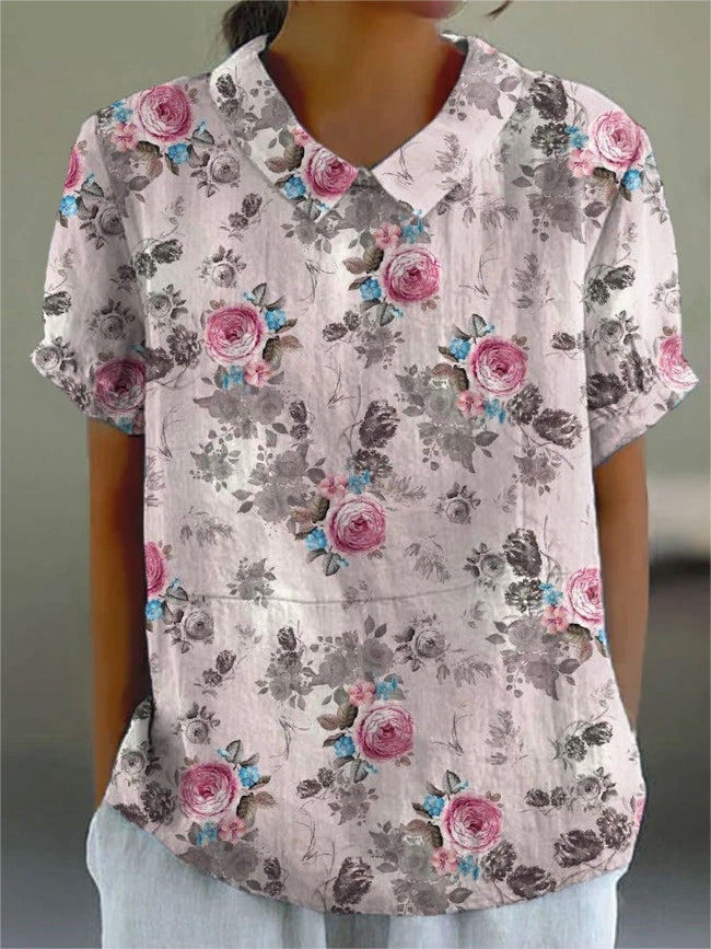 Women’s Flower Print Casual Cotton And Linen Shirt Multicolor / S