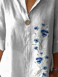 Simple Blue Spring Floral Printed Women’s Casual Cotton Linen Shirt