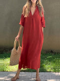 Women’s Solid Color V-Neck Linen Pocket Dress