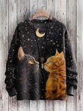 Vintage Cute Cat Art Print Casual Knit Pullover Sweater