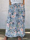 Spring Cherry Blossom Pattern Printed Women’s Linen Pocket Skirt