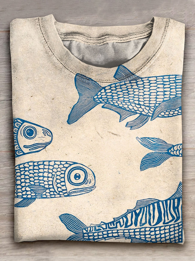 Fish Art Print Casual Short Sleeve T-Shirt Multicolor / S