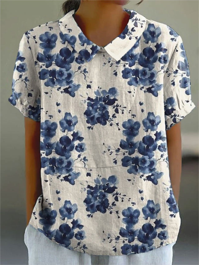 Women’s Flower Print Casual Cotton And Linen Shirt Multicolor / S