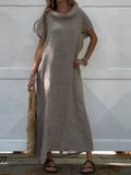 Women’s Turndown Collar Linen Pocket Dress Beige / S