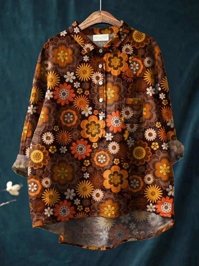 Women’s Floral Art Print Casual Cotton And Linen Shirt Multicolor / S