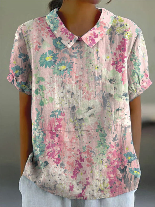 Women’s Flower Print Casual Cotton And Linen Shirt Multicolor / S