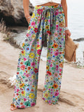 Hand Drawing Style Floral Garden Pattern Printed Women’s Cotton And Linen Casual Pants Multicolor