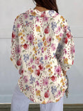 Women’s Pink Blue And Yellow Floral Print Casual Linen V-Neck Shirt