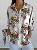 Women’s Vintage Lovely Pansies Art Print Casual Linen V-Neck Shirt Multicolor / S