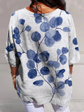 Women’s Retro Botanical Floral Print Casual Linen V-Neck Shirt