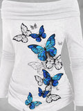 Women's Butterfly Art Print Off Shoulder Foldover Cinched T-shirt