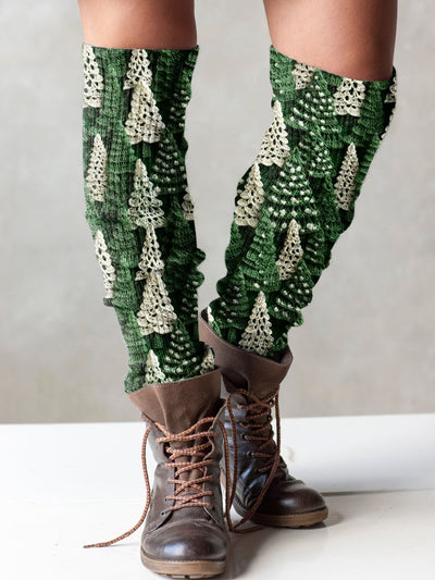 Christmas Tree Green White Print Casual Knit Gloves, Leg Sets,Hat