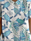 Women’s Lovely Sea Life Turtles Art Print Casual Cotton And Linen Shirt