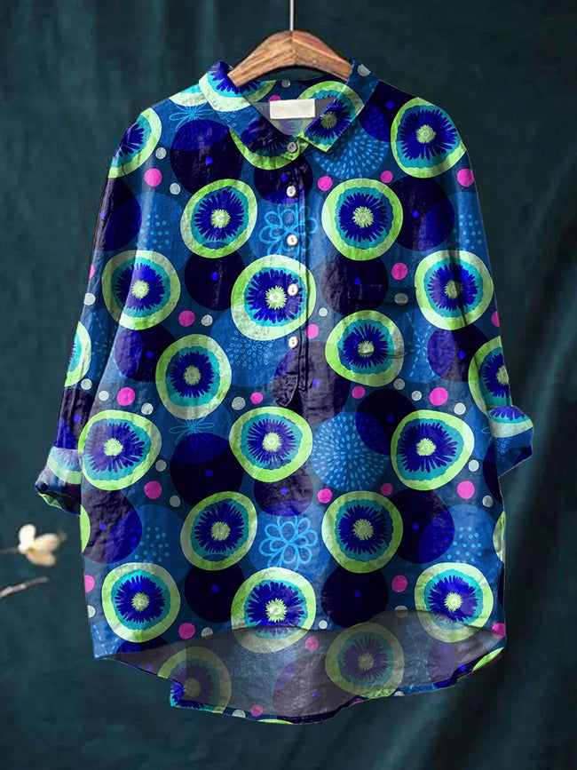 Women’s Vintage Print Casual Cotton And Linen Shirt Multicolor / S