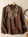 Retro Embroidery Thin Spring Summer Blouse Brown / M