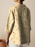 Women’s Vintage Floral Art Print Casual Linen Cotton 3/4 Sleeve Shirt