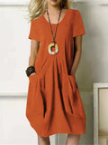 Women’s Solid Color Loose Elegant Casual Cotton And Linen Dress Orange / S