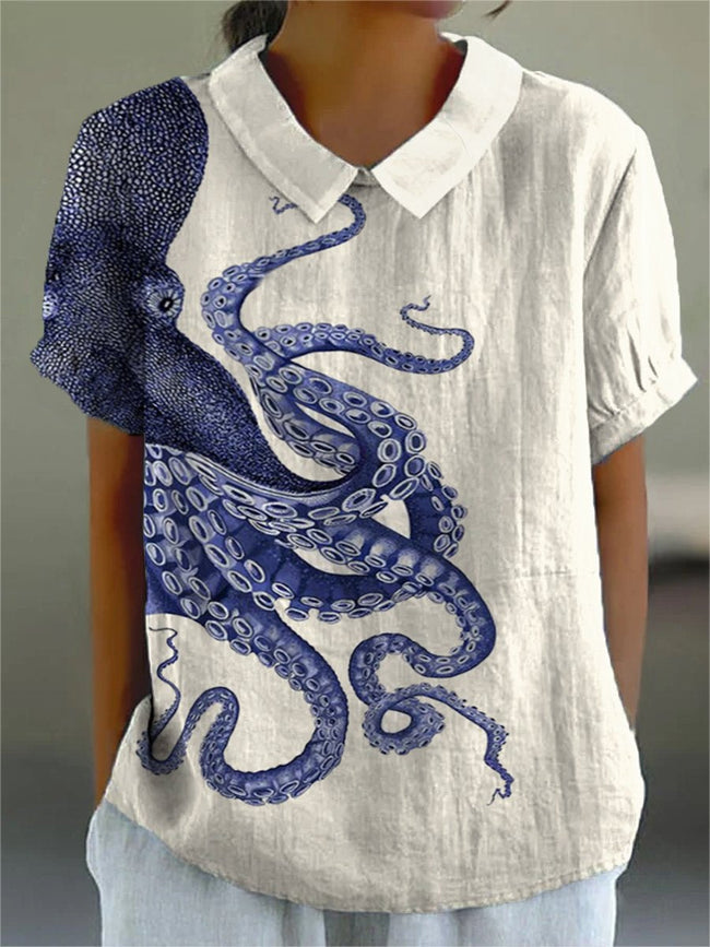 Women’s Deep Sea Octopus Tentacles Art Print Casual Cotton And Linen 3/4 Sleeve Shirt Multicolor / S