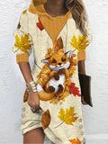 Women's Maple Leaf Cute Plush Fox Print Maxi Dress