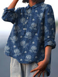 Women’s Vintage Floral Art Print Casual Cotton And Linen Shirt