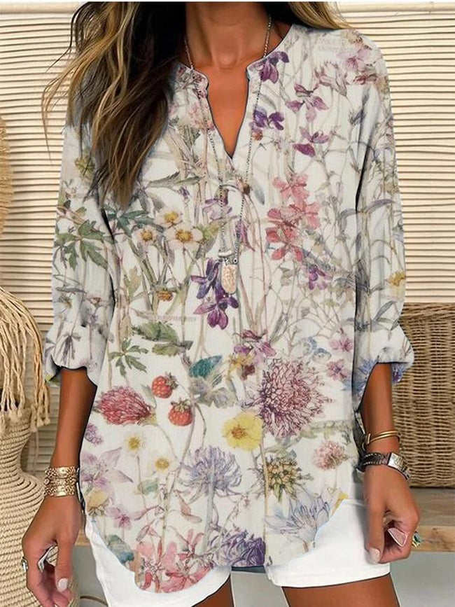 Women’s Elegant Floral Print Casual Linen V-Neck Shirt Multicolor / S