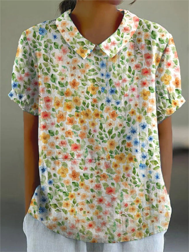 Women’s Flower Art Print Casual Cotton And Linen Shirt Multicolor / S