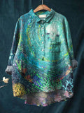 Vintage Lovely Ocean Scenery Art Print Casual Cotton And Linen Shirt Multicolor / S