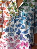 Rainbow Ombre Butterfly Pattern Printed Women’s Casual Cotton Linen Shirt