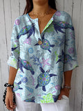 Sea Turtle And Coral Reef Pattern Printed Women’s Casual Cotton Linen Shirt Multicolor / S