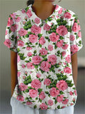 Pink French Rose Pattern Printed Women’s Casual Cotton And Linen Shirt Multicolor / S